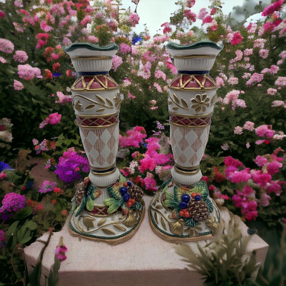 Pair Fitz and Floyd‎ Classics Christmas Candle Stick Holder Pinecones Fruit READ